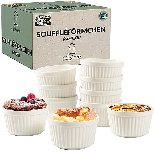 Chefarone® Soufflé Förmchen Backofenfest 10er Set - Creme Brulee Schälchen Keramik zum Backen und Anrichten - Mini Auflaufformen 200 ml - 10er Set weiß (9x7.5x5CM)