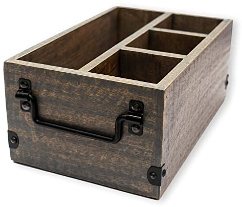 GoCraft Besteckkorb mit 4 Fächern, Besteck-Utensilienhalter, Besteck-Organizer mit Serviettenhalter für Küche, Esszimmer, Picknicks, grau gewaschenes Mangoholz mit Metallgriffen