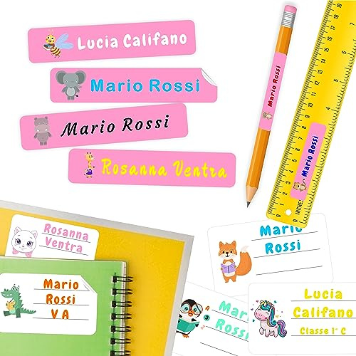 230 Etichette adesive personalizzate colorate scuola materiale didattico in 2 formati convenienza,180 adesivi 50x10mm e 50 adesivi 50x30mm,utili a segnare penne, quaderni, matite, libri, ecc. ROSA