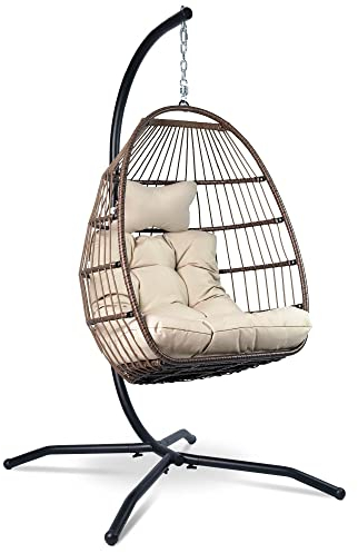 VITA5 Hängesessel mit Gestell - Bequemer Hängekorb Sessel - Rattan Hängesessel Outdoor und Indoor - Boho Egg Schaukel für Terrasse, Schlafzimmer & Leseecke - 150 kg Tragkraft (Cremeweiß)