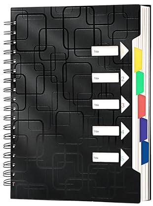 CAGIE 5 Subject Notebook for Work 240 Pages Spiral Notebooks College Ruled with Dividers Tabs A5 Small Note Book for School Office Supplies Note Taking, 5x7, Black