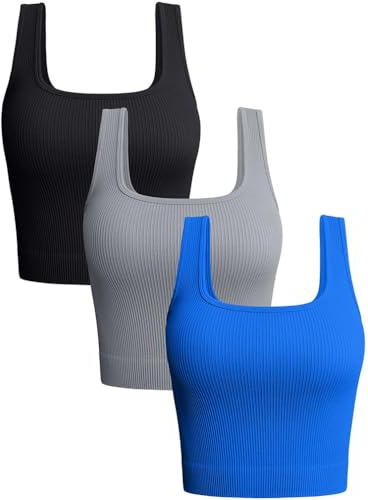 OQQ Damen 3-teiliges Tank-Top, gerippt, nahtlos, Workout-Shirts, Yoga, Bauchfreies Top, Schwarz Grau Blau, Groß