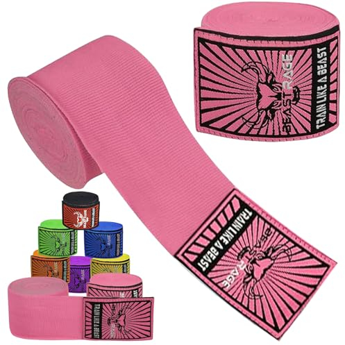 BEAST RAGE Boxbandagen für Herren, Schutz, MMA-Unterstützung, Innenhandschuhe, Kampfsport, Kampfsport, Muay Thai, unter den Handschuhen, 4,5 m, elastische Bandagen (Rosa, 4.5 M)