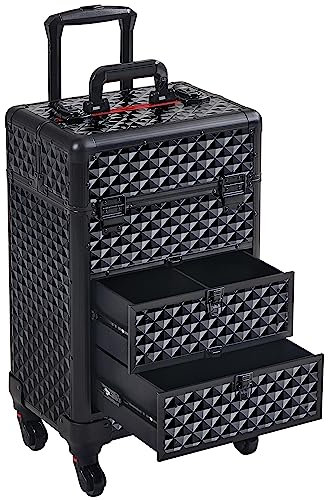 Abician Valise de Maquillage Professionnelle avec 2 Tiroirs Grande Mallette Cosmétique Organisateur Maquillage pour Esthéticienne Voyage Coiffeuse Manucure 34,5 × 24,5 × 58 cm Noir