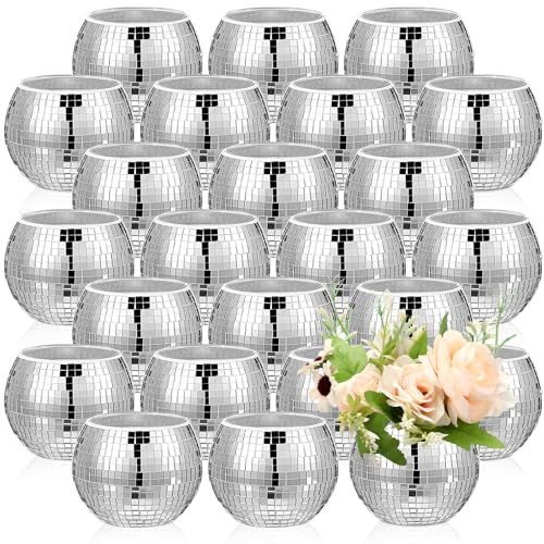 Jinei 24 Pcs Silver Mirror Disco Vases Bulk for Wedding Centerpieces 3x4 Inch Glass Flower Planter for Table Decor, Party, Birthday Table Bedroom Office Decoration (3 X 4)