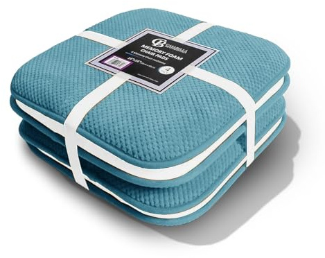 Casabella Memory Foam Chair Cushion Non Slip Back, Round Square Honeycomb Pattern Set of 4 Chair Pads, Durable Seat Cushions for Dinning Chairs, Office Desk & Patio-16x16 Sky Blue Memory Foam Cushion