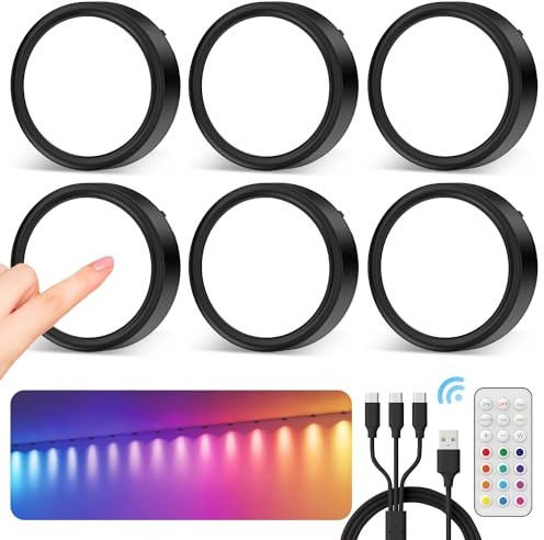 Luz Vitrina RGB Recargable USB, 2400mAh Luces LED Armario Bateria con Mando Foco LED Colores con Iman Luces Adhesiva con Pulsador Lámpara Cocina Bajo Mueble Sin Cable Luz Nocturna Interior Tactil