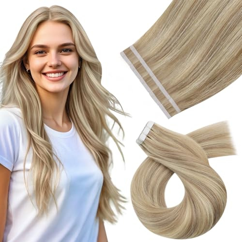 Moresoo Extensiones Adhesivas Pelo Natural Remy Extensiones Adhesivas con Mechas Rubio Ceniza con Rubio Dorado Invisible Tape in Hair Extensions Blonde 60cm 10 Piezas 25g #P16/22