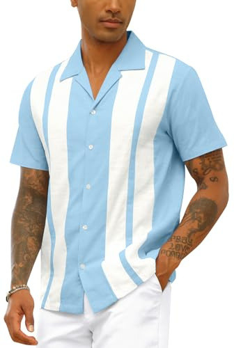 Camisa de béisbol vintage de lino y algodón de manga corta para hombre, azul claro, M
