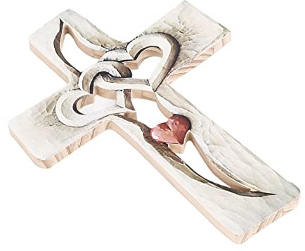 LiebeWH Carved Wooden Cross Intertwined Hearts Wall Art for Home Study Bedroom, 9.1x6.7in (red love cross)