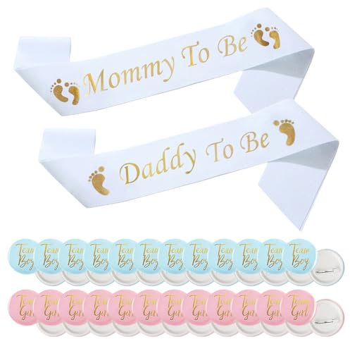 Lot de 24 badges révélés du sexe et 2 écharpes de fête prénatale - Décoration de l'équipe garçon et de l'équipe - Bouton de révélation de genre - Décoration de fête de bienvenue pour bébé garçon ou