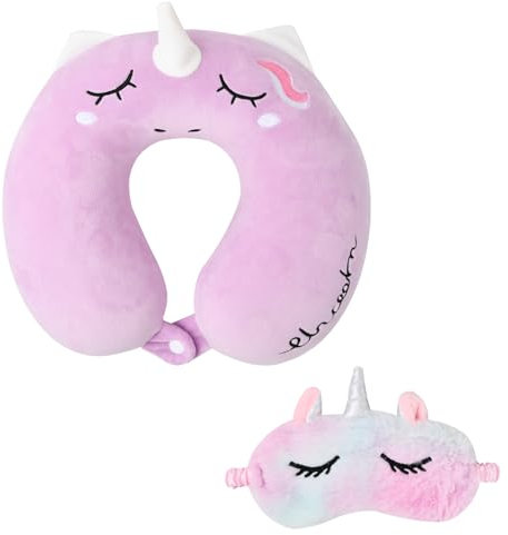 Shengxi Cuscino Viaggio Bambini, Unicorno Cuscino da Viaggio Memory Foam con Maschera per Gli Occhi Cuscino da viaggio Cuscino Cervicale Cuscino Aereo Viaggio per Adulti e Bambini