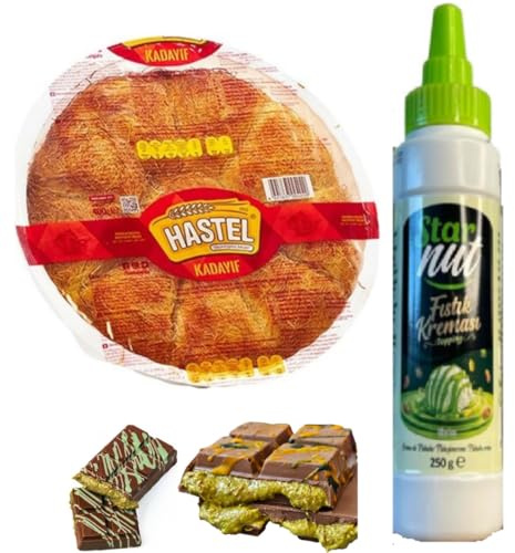 HASTEL Kadayıf tostado para chocolate Dubai, tostado kadaifi listo para usar Kadaifi, hilo de masa de pelo de ángel Kataifi 400 gramos con crema de pistacho 250 gramos tubo de Pufai