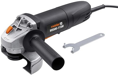 Meister Smerigliatrice angolare 500 W, WS500-115M – Diametro disco 115 mm – Blocco mandrino – Cappuccio di protezione regolabile – Maniglia supplementare/Smerigliatrice per calcestruzzo, pietra &