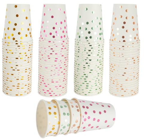 CEILIWEN Lot de 100 gobelets jetables en carton de 250 ml - Gobelets en carton blancs et à pois pour bricolage, mariage, fête d'anniversaire (pois blancs et colorés)