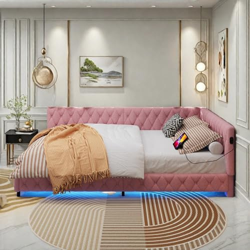 LLODERY Polsterbett Doppelbett 140x200 cm mit LED-Beleuchtung und USB-Anschlüssen, Schlafsofa aus Lammwolle, Bettgestell mit Lattenrost und Stauraum, Jugendbett ohne Matratze