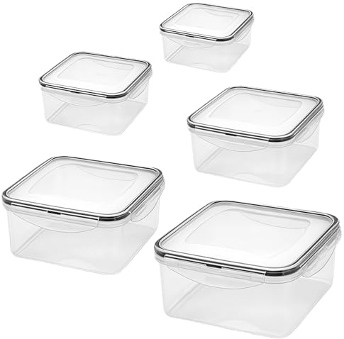 WANDGU Set 5 Contenitori per Microonde con Coperchio, Scatole di Conservazione Alimenti in PP, 370ml-2600ml, quadrate, impilabili, ermetiche, Ciotole per Microonde