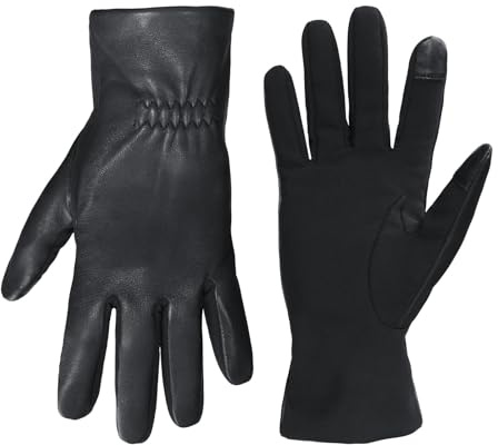 Cole Haan Women's Leather Gloves with Elastic Stretch Palm - Lightweight Touchscreen Winter Accessories With Flexible Fit Ribbed Cuff Sleek Cold Weather Everyday Design, Caviar, Medium