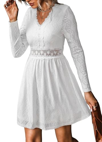 CUPSHE Abito da donna in maglia autunnale in pizzo con scollo a V a maniche lunghe scava fuori casual fluida festa elegante mini abito per ospiti di nozze, bianco, S