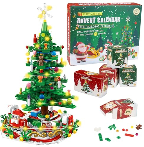 Aohcae Calendario dell'Avvento 2025 per Bambini, Giocattolo di Albero di Natale con Luce LED, Set di Mini Mattoncini, 24 Giorni di Conto Alla Rovescia, Giocattolo di Blocchi per Bambini 701 Pezzi