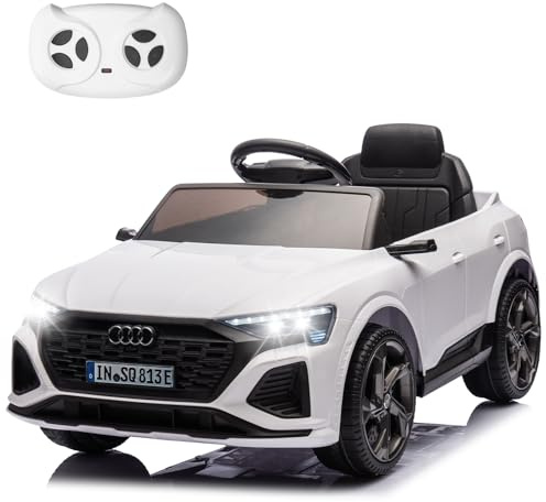 HAUSPROFI Elektro Kinderauto mit Bluetooth 12V Elektrofahrzeug SQ8 E-tron Elektroauto mit Fernbedienung 2,4GHz, Sicherheitsgurt, Musik, Kinderfahrzeug für Kinder 3-6 Jahre, 3-5 km/h, Weiß