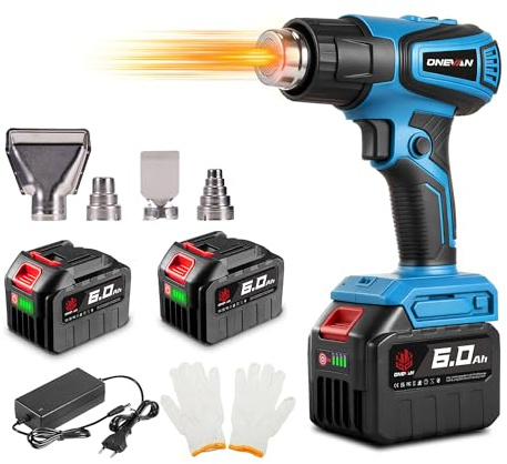 ONEVAN Batteridriven varmluftspistol, trådlös varmluft med LCD-skärm, temperaturkontroll 50–600 ℃, 2 x 6,0 Ah batterier, 4 munstycken varmluftsenhet, elektrisk varmluftsfön för krympning lök, hantverk