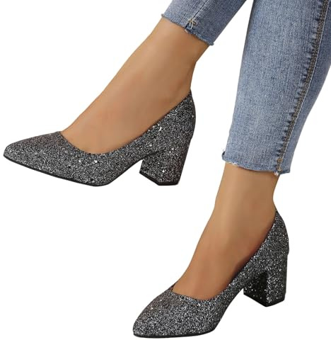 EQWIGKEIT Zapatos de mujer con brillo con tacón Bombas con tacón Tacones cerrados Zapatos de baile de sociedad Zapatos de novia cómodos Elegantes zapatos de tacón de bloque Zapatos de fiesta para
