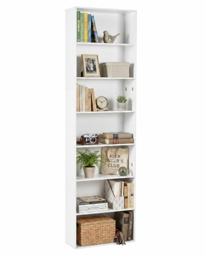 hitsuki Estantería Alta 7 Estantes Blanca Librería Estrecha con Sistema Antivuelco Almacenaje para Libros Hogar Oficina
