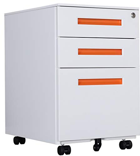 Aktenschränke, Büro-Rollcontainer,Rollcontainer, inkl. 3 Schübe Bürocontainer mit Anti-umkippen-mechanismus für A4, Mobilen, Abschließbar ; 39cm B x 50cm L x 60cm H, JLB021-O