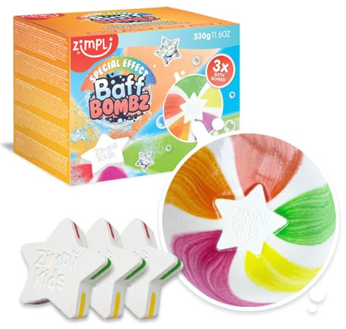 ZIMPLI - 3 x Grandi Baff Bombz Stella, Crea un effetto arcobaleno, frizzante, avventura durante il bagnetto, Idee per Calze di Natale per Bambini, Bombe da Bagno Idratanti e Organiche