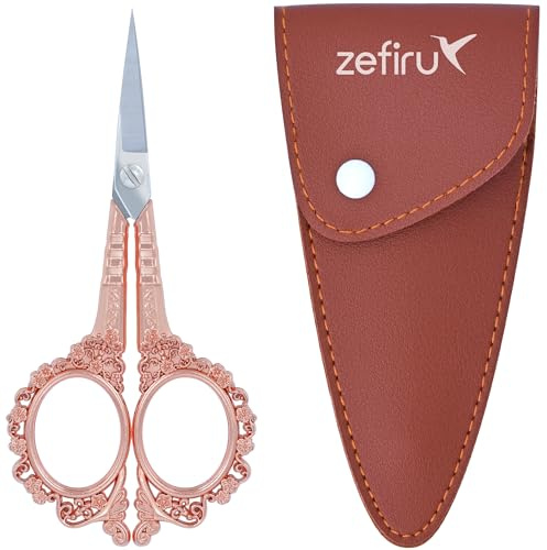 Tijeras Vintage de Bordado con Funda Marrón - Punta muy Fina en Acero Inoxidable - Color Oro Rosa, para Costura y Manualidades