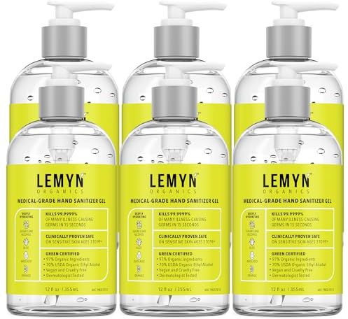 Lemyn Organics Medical‑Grade Hand Sanitizer Gel – 97 % Organic | 70 % USP Ethyl Alcohol | Moisturizing Aloe + Hyaluronic Acid | Freshly Made in USA | 12oz Bottle with Pump (PACK OF 6)