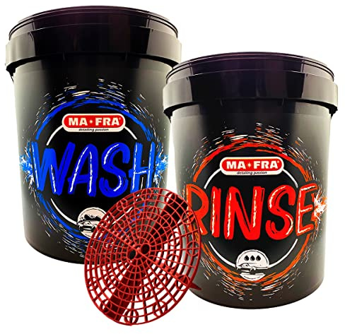 Ma-Fra, Kit 2 Secchi più griglia per il lavaggio auto con tecnica 2 secchi car detailing, composto da Secchio Wash, Secchio Rinse più Grif Safe pr un lavaggio auto senza graffi