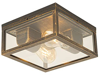 Qazqa Industrial Lámpara de techo vintage oro antiguo IP44 2 luces - Charlois Aluminio/Vidrio Cuadrada Adecuado para LED Max. 2 x 40 Watt
