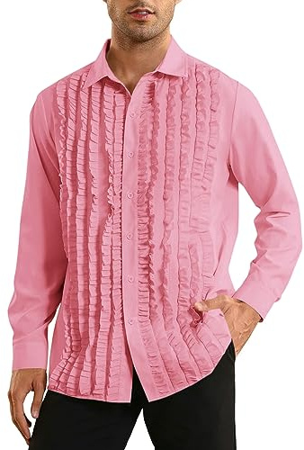 Bbalizko Mens Ruffle Tuxedo Shirt 80s Prom Ruffled Button Down Frill Pleated Ruche Long Sleeve Shirts Top, Pink, Medium