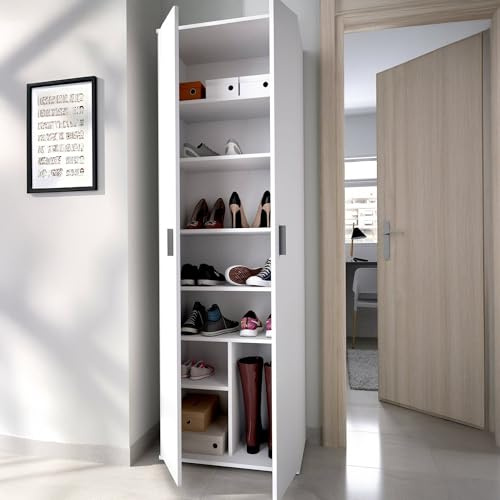 Dmora - Armadio multiuso 2 ante Suretta, Mobile multifunzione portaoggetti, Guardaroba porta scarpe, 61x35h190 cm, Bianco