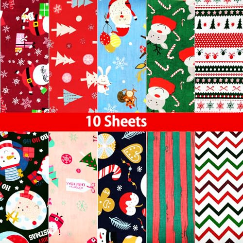 Qpout 10 Piezas de Telas de Navidad, Navidad Fat Quarters Paquetes de Tela de Algodón Patchwork, Decoración de Navidad Material de Navidad Paneles Tela para Costura DIY Quilting(50x50 cm/19.7x19.7 in)