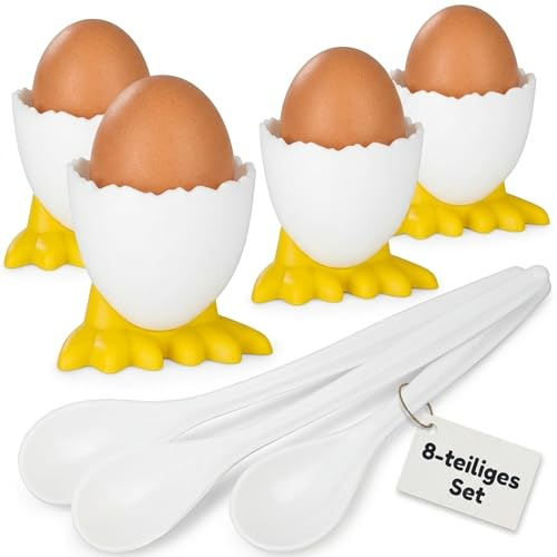 MIJOMA Set di 8 portauovo con motivo pulcino, in plastica per uso alimentare, bianco con piedini gialli, cucchiaio incluso, perfetto per colazione elegante e brunch.