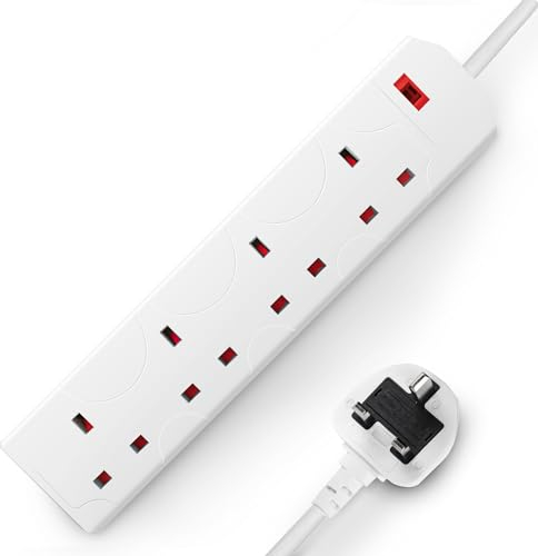 DESIRETECH White Electric Extension Lead - 4 Gang, 1 Metre Cable with UK Plug & 3 Pin Socket - Wall Mountable & Multi Socket Mains Strip for Home, Bedroom, Kitchen, & Office (1 Pack)