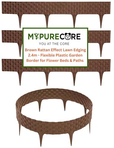 MYPURECORE Brown Rattan Effect Lawn Edging 2.4m - Flexible Plastic Garden Border for Flower Beds & Paths | Weather-Resistant & Recyclable Palisade | Easy Install Edging for Grass, Gravel & Landscape