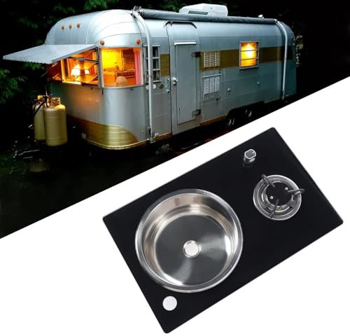 BLSYHDH Table de Cuisson à Gaz avec Brûleur Unique et évier, Cuisinière en Verre trempé pour Bateau, Caravane, Camping-car, Cuisinière à Gaz avec Lavabo Rond en Acier Inoxydable