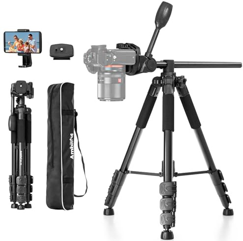 AMBITFUL Trípode de cámara de 62 Pulgadas, Soporte de trípode de Aluminio Negro Profesional, Horizontal extraíble para cámara de vídeo/DSLR/teléfono Celular/videocámara/telescopios, trípode Alto de