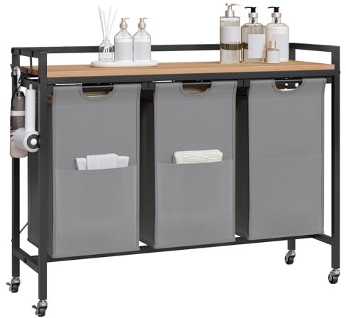 EUGAD Wäschekorb 3 Fächer, jedes 40 L, Wäschesammler ausziehbar abnehmbar, Oxford-Stoff-Wäschesack, Wäschewagen mit Rollen Ablage, Haken, Metallrahmen, Schlafzimmer Waschküche, 97x71x30 cm