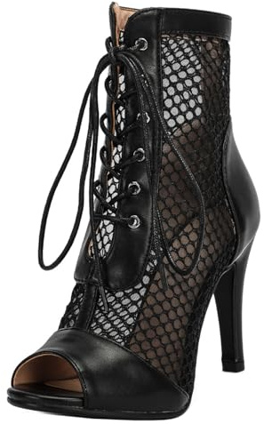 Ceciloroda Donna Heeled Burju Danza Scarpe Peep Toe Mesh Stivaletti Stiletto Gladiatore Sandali Comfy Dressy Sandali Ballrrom Cordoncino Black Size 37