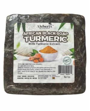 Aleheri's African Black Soap Turmeric 16 oz - 100% All Natural, Raw Ingredients, From Ghana. For All Skin Types, Helps Rejuvenate, Aids Against Dark Spots, Eczema, Stretch Marks on Face & Body