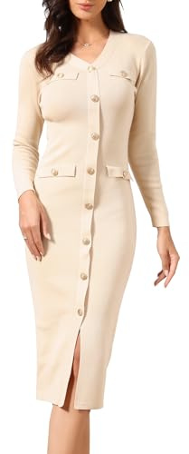 Robe Pull Moulante Femme en Tricot Col en V Manches Longues | Boutonnée, Mi-Longue au Genou