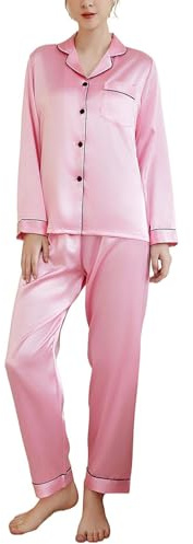 Heersan Pyjama Soie Femme Ensembles de Pyjama en Satin de Soie Manches Longues Vêtements d'Intérieur 2 Pièces avec Hauts Poches