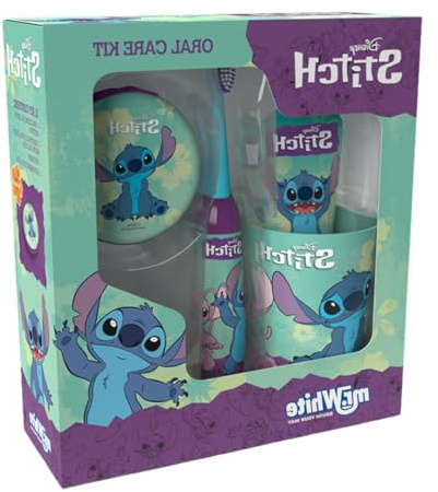 Mr White Kit Igiene Dentale per Bambini, Spazzolino a Batteria, Dentifricio Gusto Menta, Bicchiere e Portamonete - Realizzato per Disney Stitch, Idea Regalo