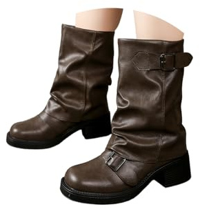 ORANDESIGNE Stivali Stivaletti Al Polpaccio da Donna Biker Motociclista Biker Boots Fibbie Anfibi Motociclista Scarpe Casual A Cachi 42 EU