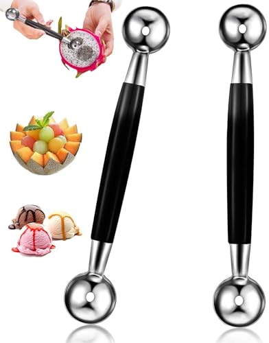 MOPZIJA 2Pcs Melone Baller a Doppia Faccia, Acciaio Inossidabile 2 in 1 Anguria Gelato Melone Paletta,Scavino per palline melone, Doppio Cucchiaio per Ballerine Di Melone Per Dessert Frutta, Nero